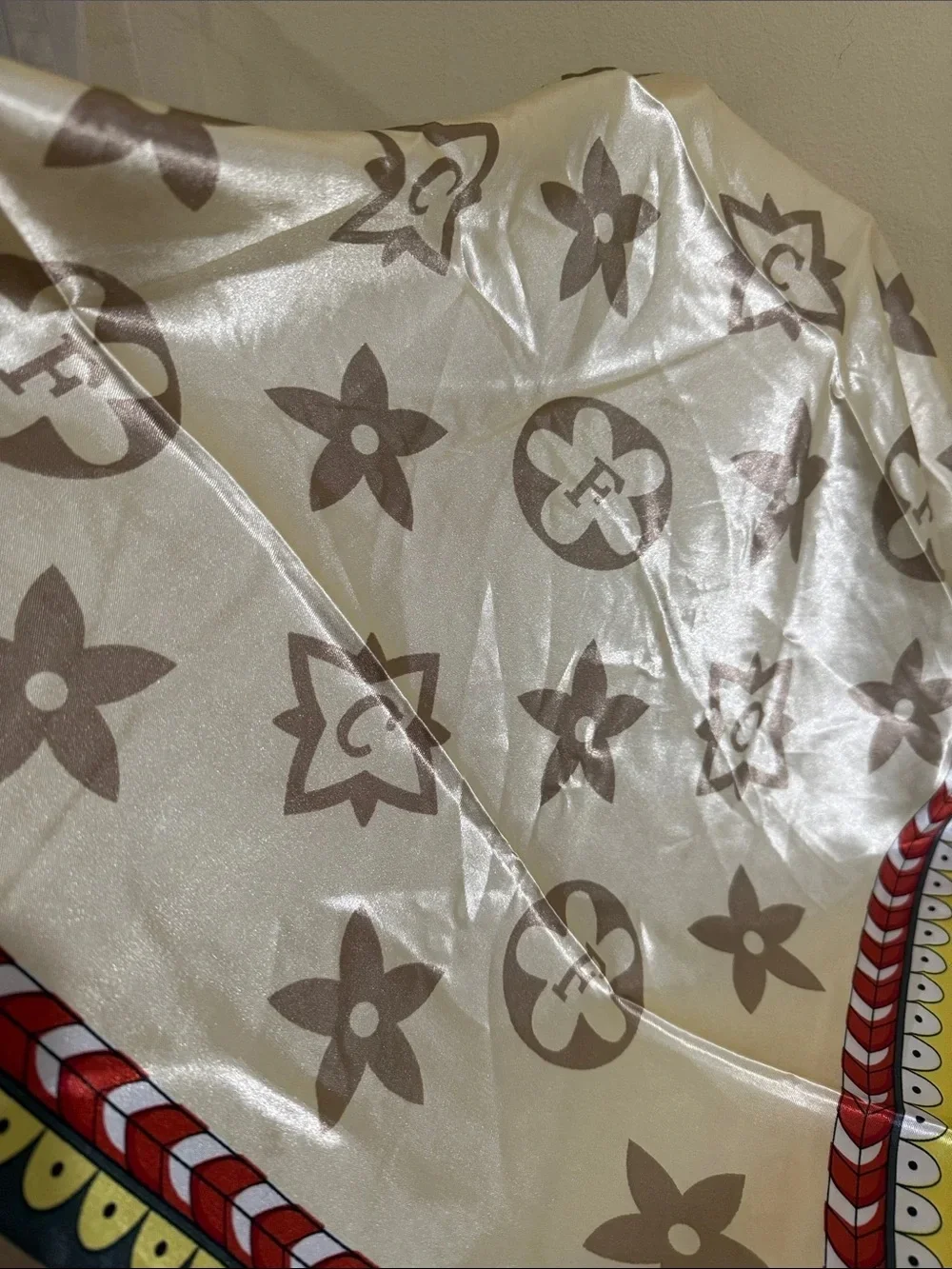 Monogram Satin Scarf with Multicolor Braid Border